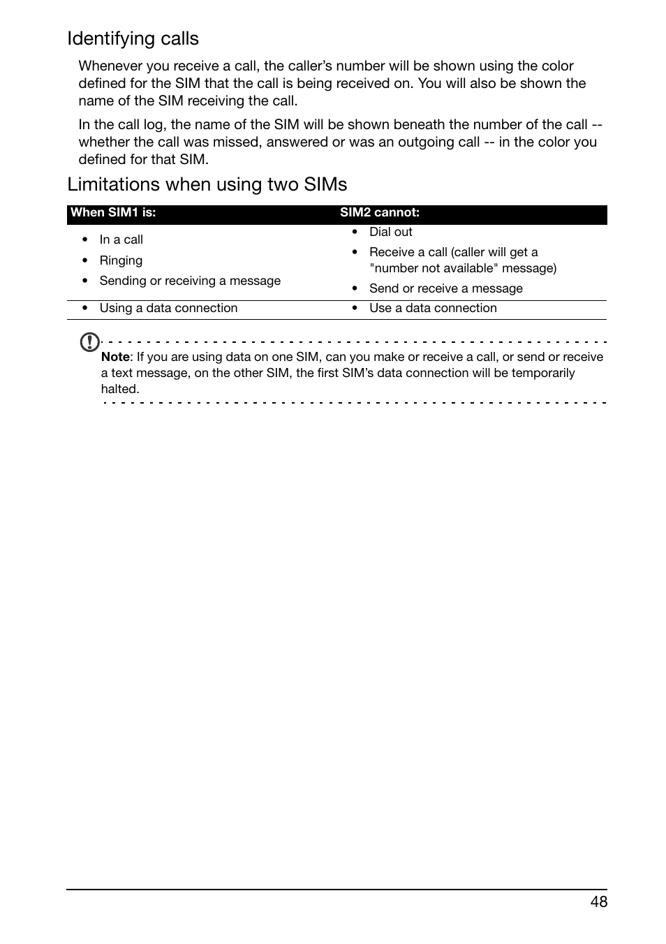 Identifying calls, Limitations when using two sims | Acer E350 User Manual | Page 48 / 60