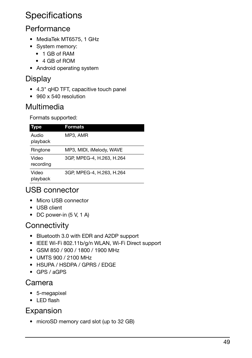 Specifications, Performance, Display | Multimedia, Usb connector, Connectivity, Camera, Expansion | Acer E350 User Manual | Page 49 / 60