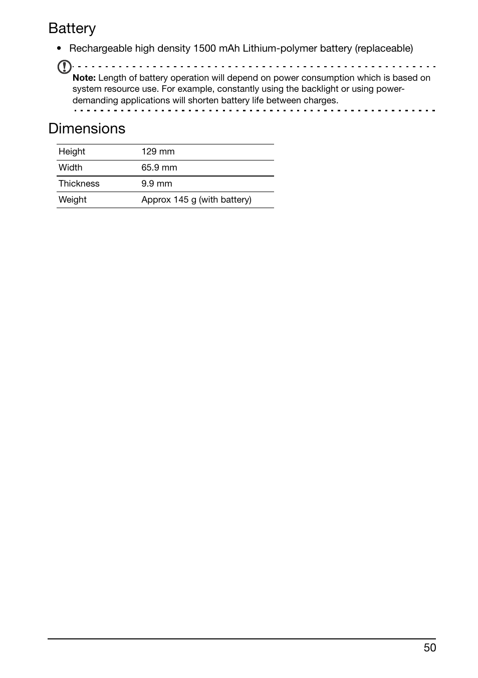 Battery, Dimensions | Acer E350 User Manual | Page 50 / 60