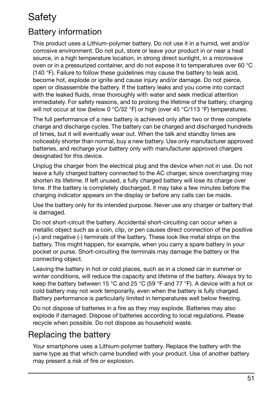 Safety, Battery information, Replacing the battery | Acer E350 User Manual | Page 51 / 60