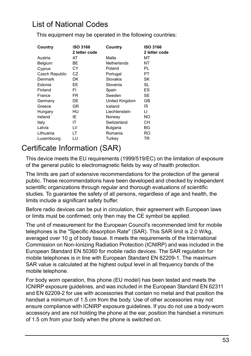 France: products with a 2.4 ghz wlan device, List of national codes, Certificate information (sar) | Acer E350 User Manual | Page 53 / 60