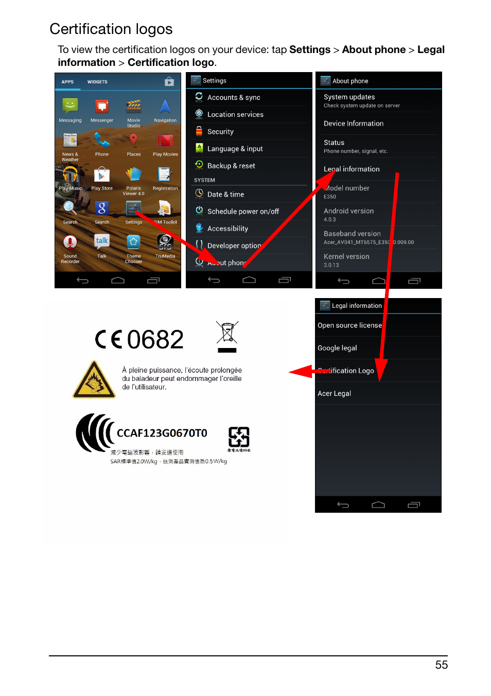 Certification logos | Acer E350 User Manual | Page 55 / 60