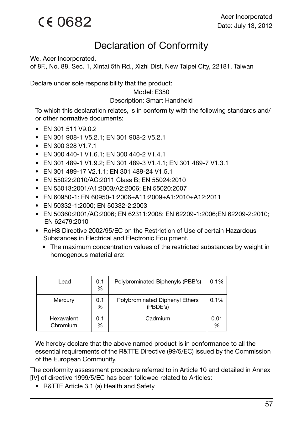 Declaration of conformity | Acer E350 User Manual | Page 57 / 60