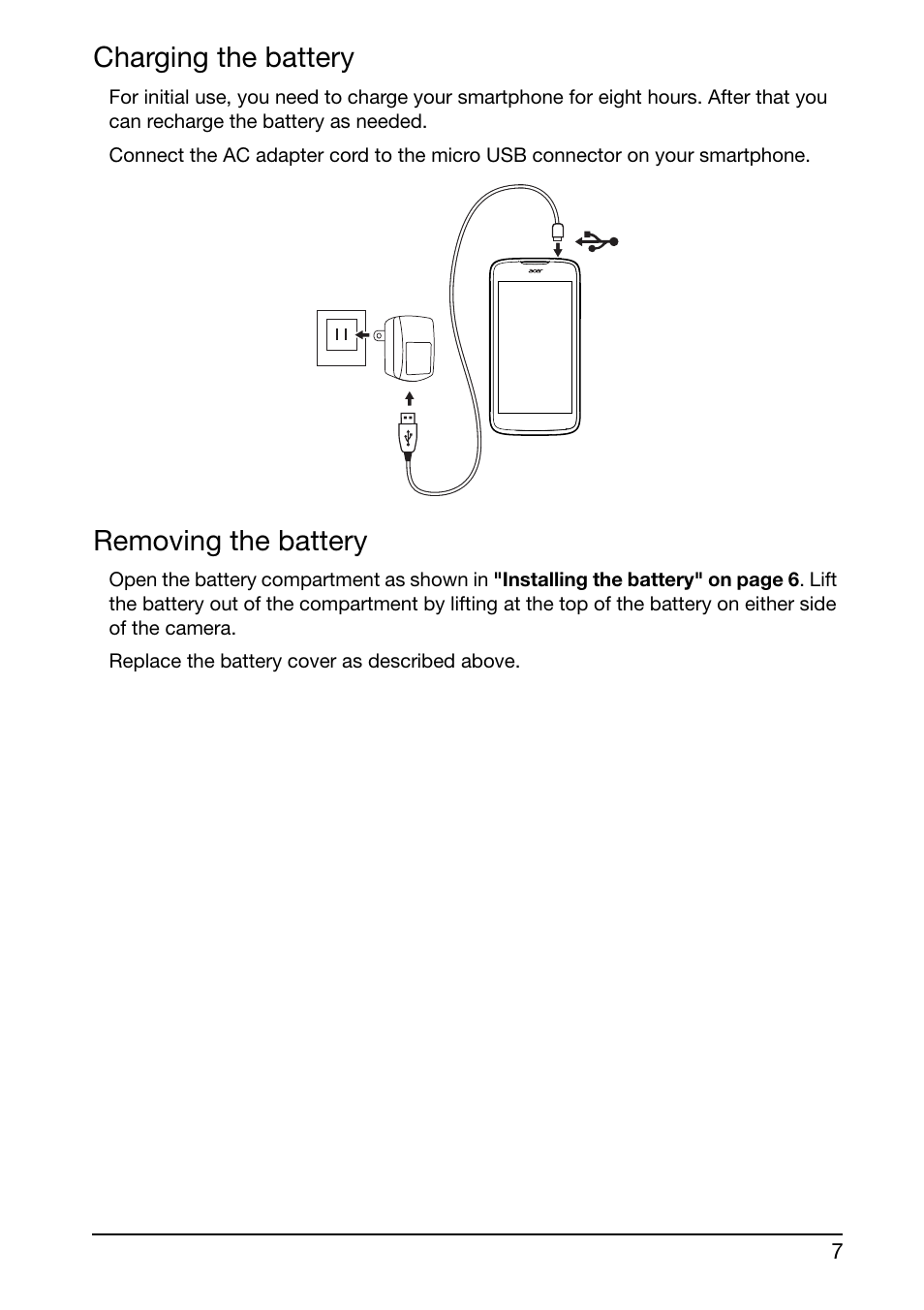 Charging the battery, Removing the battery | Acer E350 User Manual | Page 7 / 60