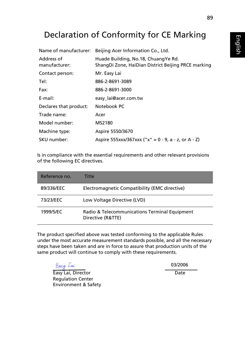 Declaration of conformity for ce marking, Eng lish eng lis h | Acer Aspire 5550 User Manual | Page 103 / 106