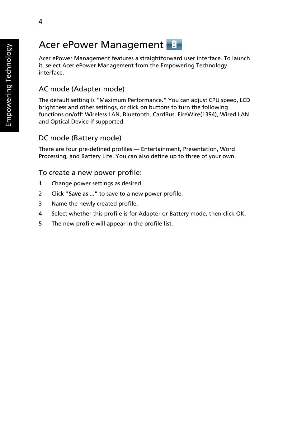 Acer epower management | Acer Aspire 5550 User Manual | Page 18 / 106