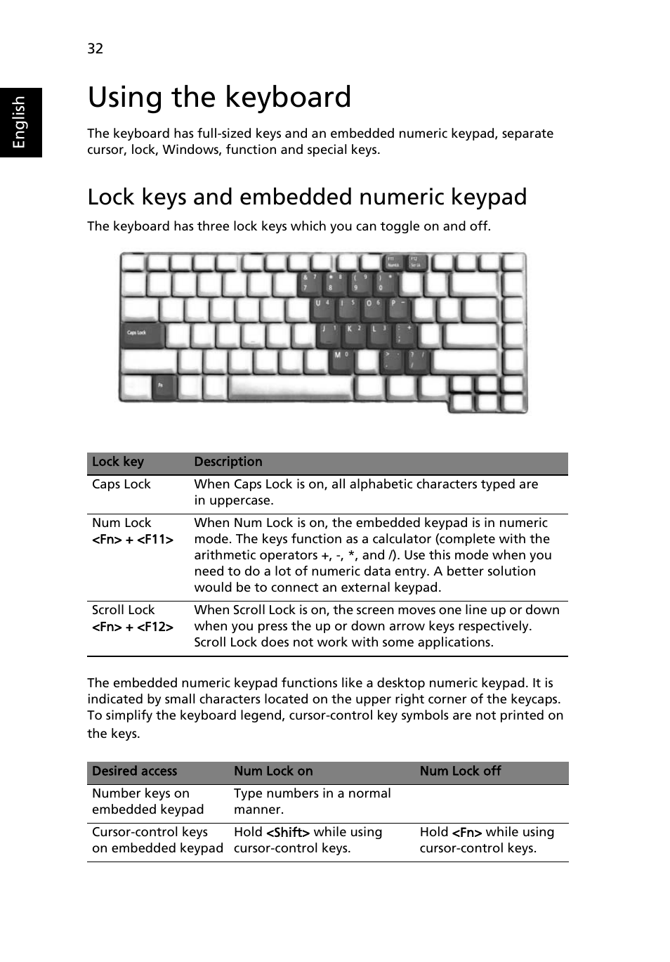 Using the keyboard, Lock keys and embedded numeric keypad | Acer Aspire 5550 User Manual | Page 46 / 106