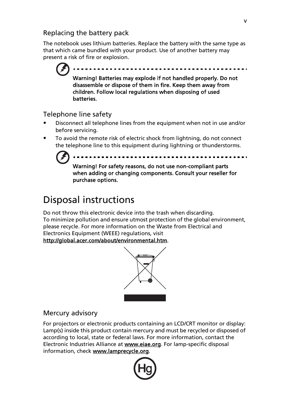 Disposal instructions | Acer Aspire 5550 User Manual | Page 5 / 106