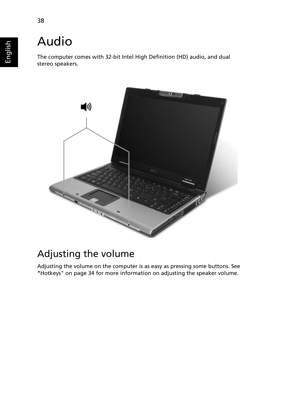 Audio, Adjusting the volume | Acer Aspire 5550 User Manual | Page 52 / 106