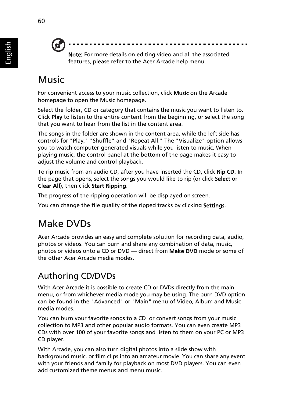 Music, Make dvds, Authoring cd/dvds | Acer Aspire 5550 User Manual | Page 74 / 106