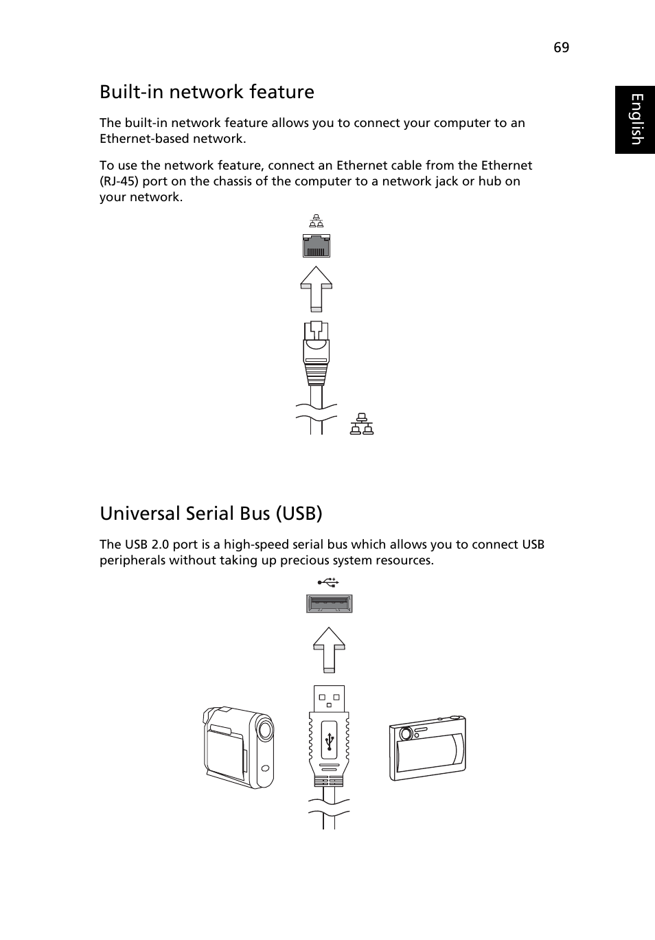 Built-in network feature, Universal serial bus (usb) | Acer Aspire 5550 User Manual | Page 83 / 106