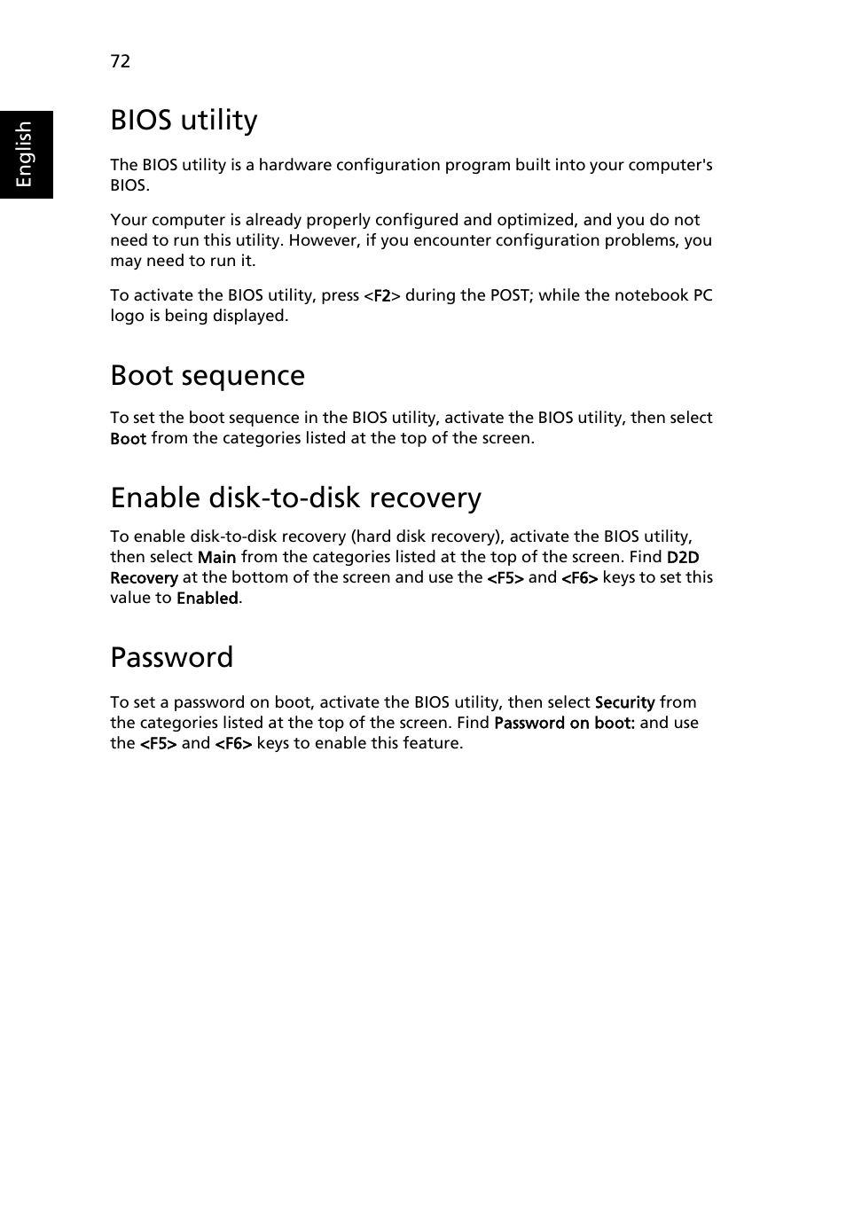 Bios utility, Boot sequence, Enable disk-to-disk recovery | Password | Acer Aspire 5550 User Manual | Page 86 / 106