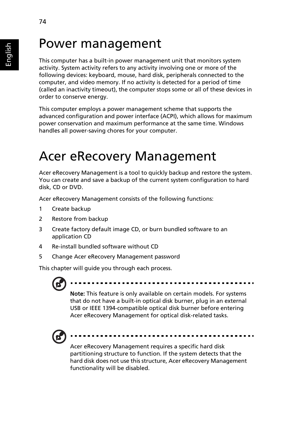 Power management, Acer erecovery management | Acer Aspire 5550 User Manual | Page 88 / 106