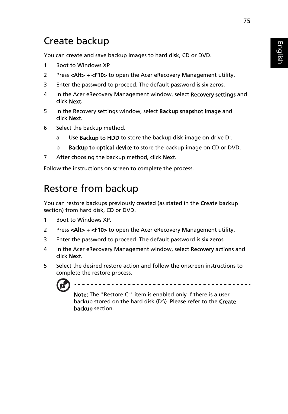 Create backup, Restore from backup | Acer Aspire 5550 User Manual | Page 89 / 106