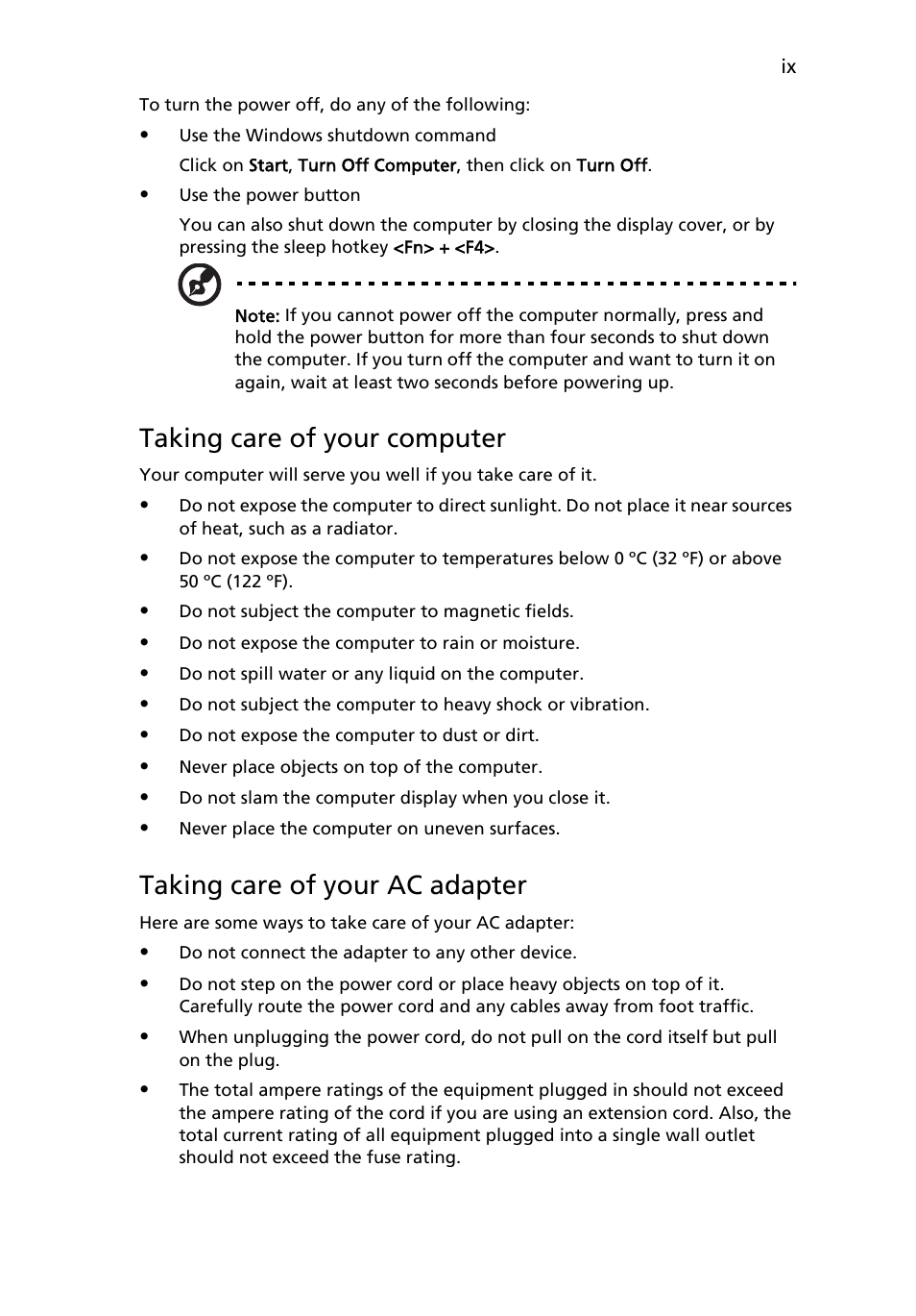 Taking care of your computer, Taking care of your ac adapter | Acer Aspire 5550 User Manual | Page 9 / 106