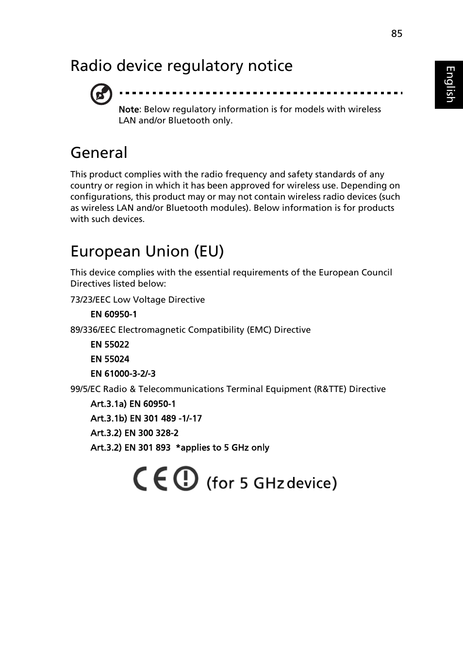 Radio device regulatory notice, General, European union (eu) | Acer Aspire 5550 User Manual | Page 99 / 106