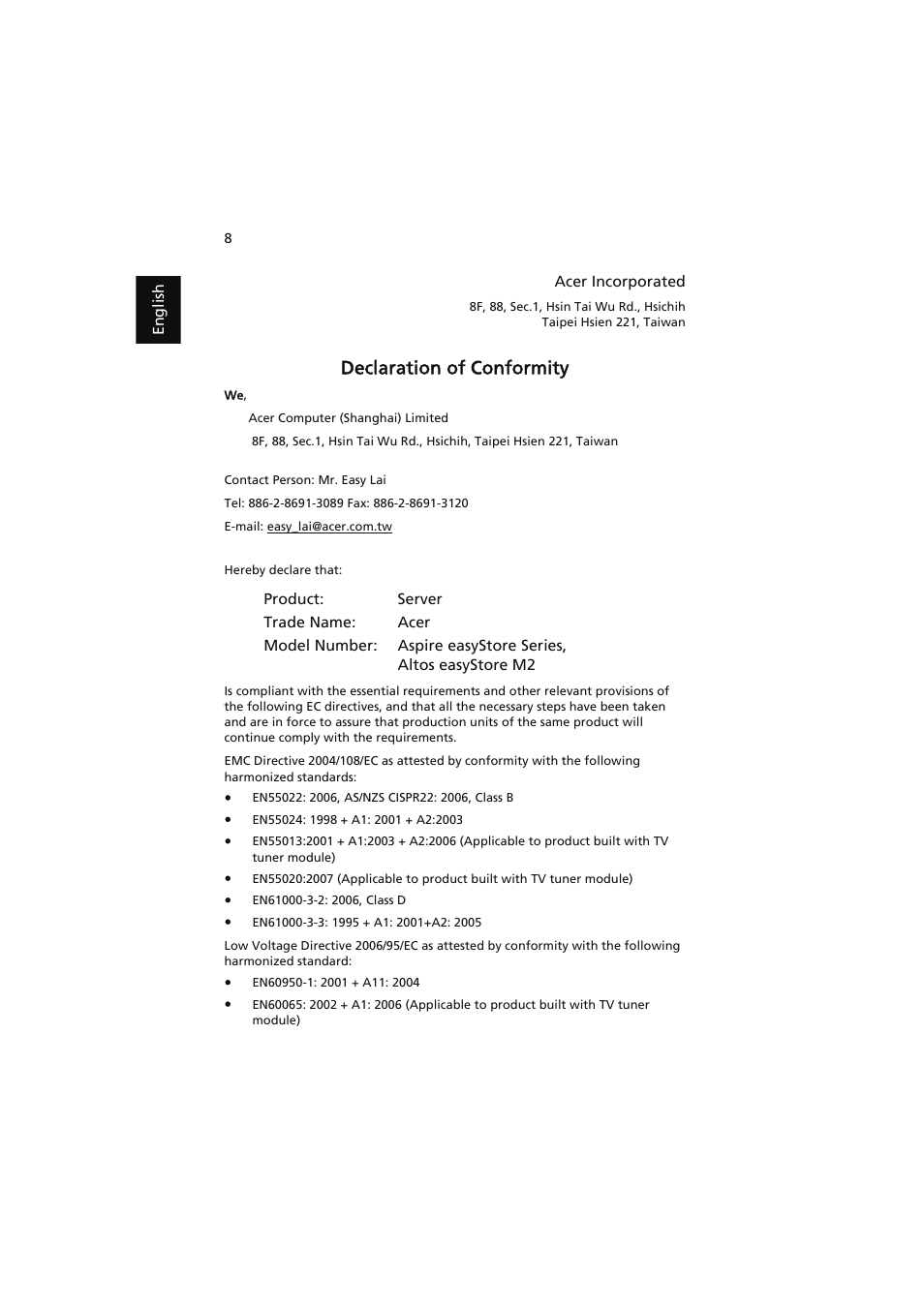 Declaration of conformity | Acer easyStore H341 User Manual | Page 10 / 59