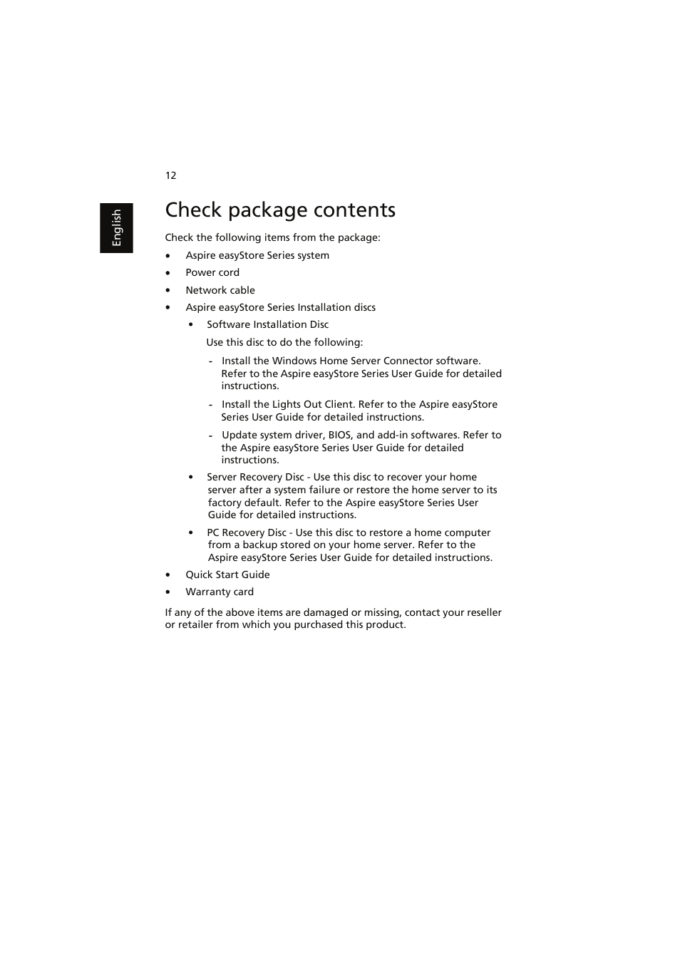 Check package contents | Acer easyStore H341 User Manual | Page 14 / 59