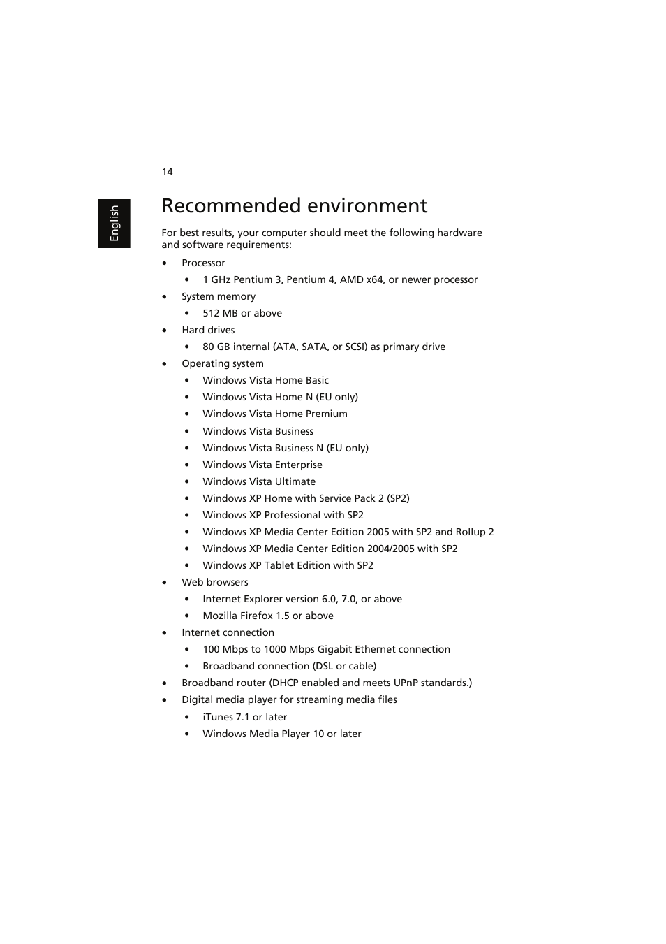 Recommended environment | Acer easyStore H341 User Manual | Page 16 / 59