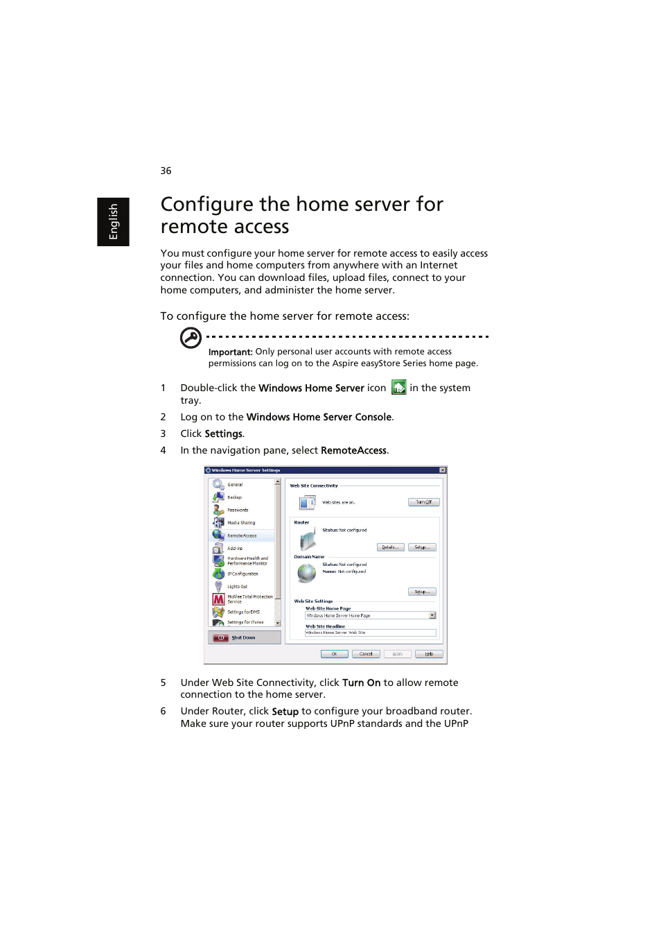 Configure the home server for remote access | Acer easyStore H341 User Manual | Page 38 / 59