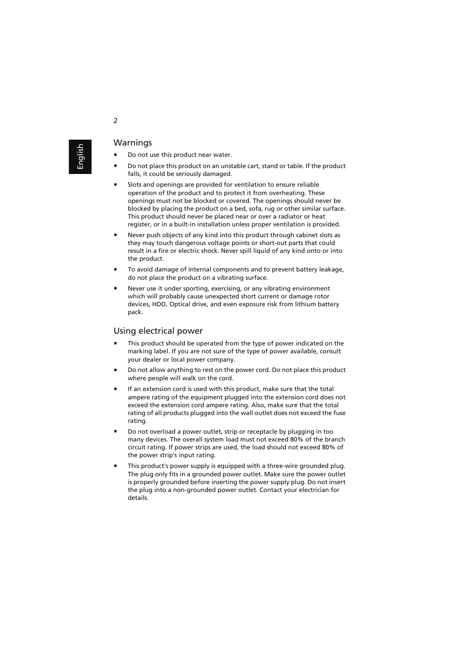 Warnings, Using electrical power | Acer easyStore H341 User Manual | Page 4 / 59