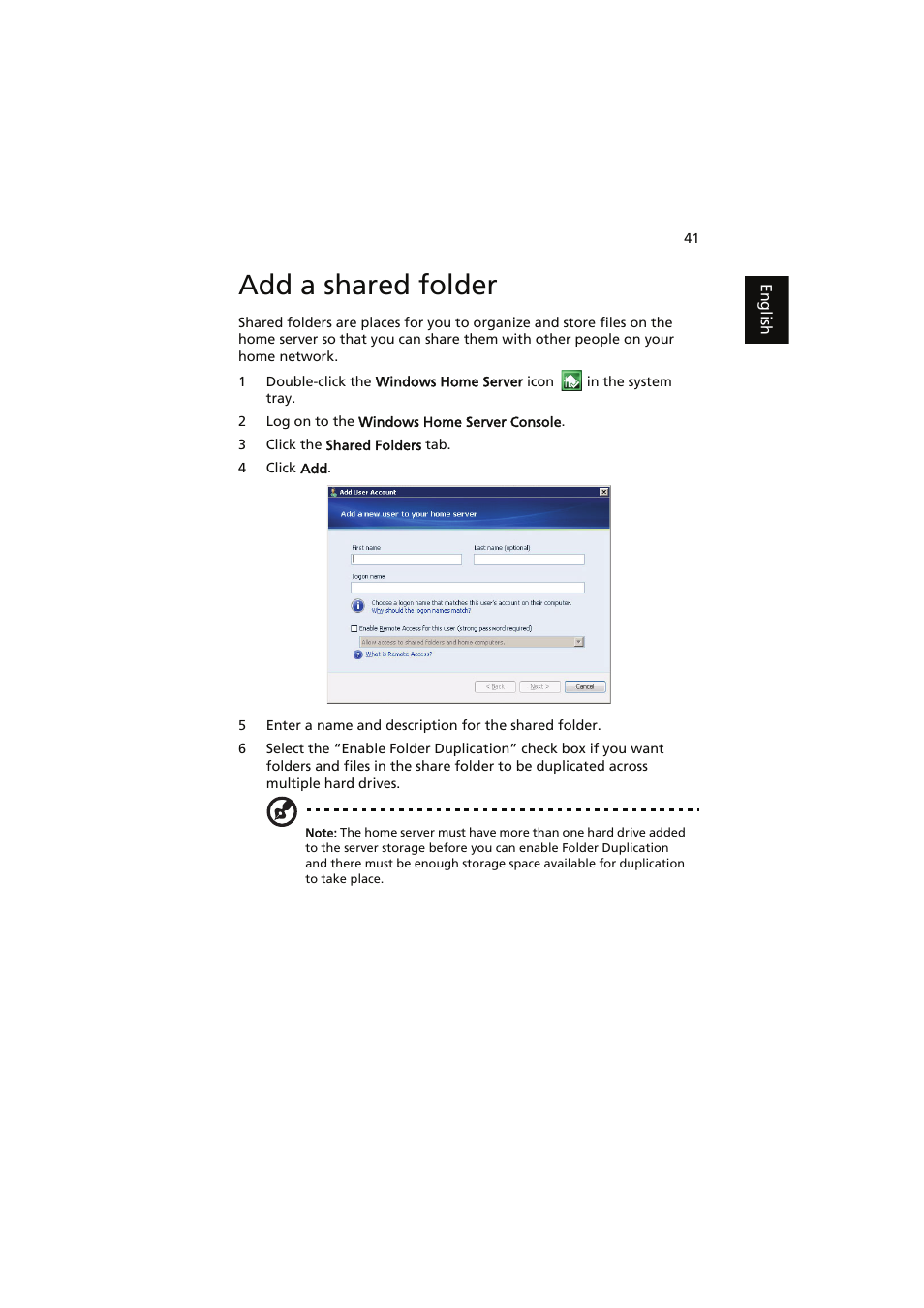 Add a shared folder | Acer easyStore H341 User Manual | Page 43 / 59