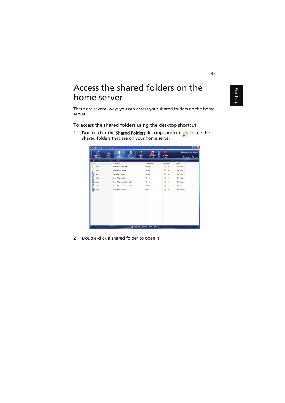 Access the shared folders on the home server | Acer easyStore H341 User Manual | Page 45 / 59