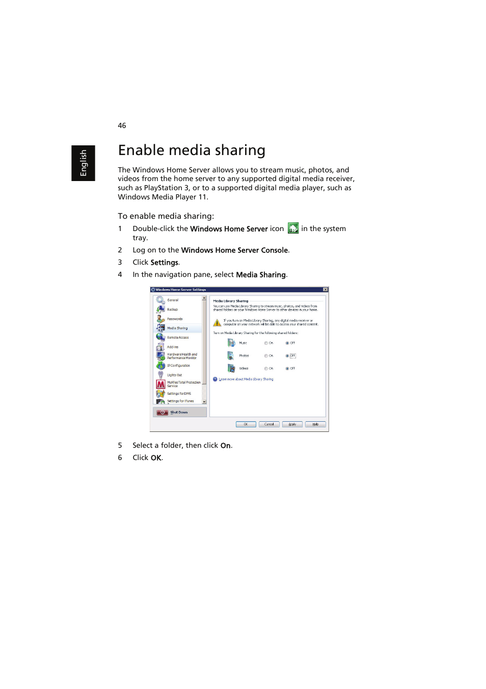 Enable media sharing | Acer easyStore H341 User Manual | Page 48 / 59