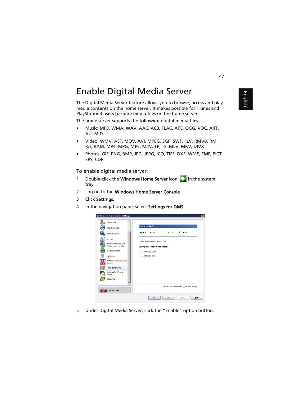 Enable digital media server | Acer easyStore H341 User Manual | Page 49 / 59