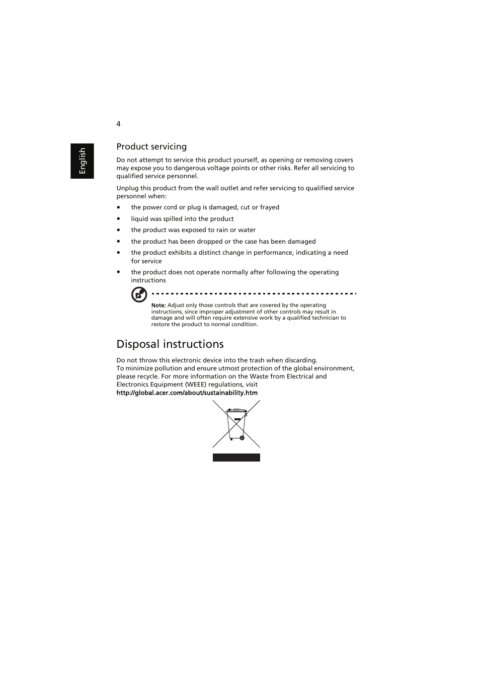 Disposal instructions, Product servicing | Acer easyStore H341 User Manual | Page 6 / 59