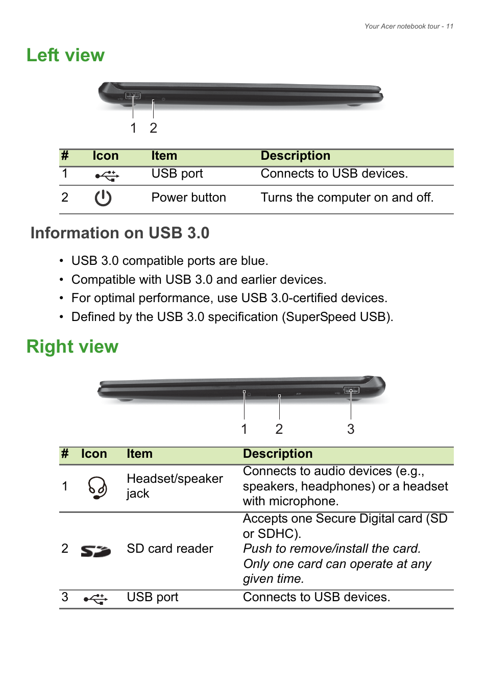 Left view, Information on usb 3.0, Right view | Acer Aspire V5-572 User Manual | Page 11 / 87