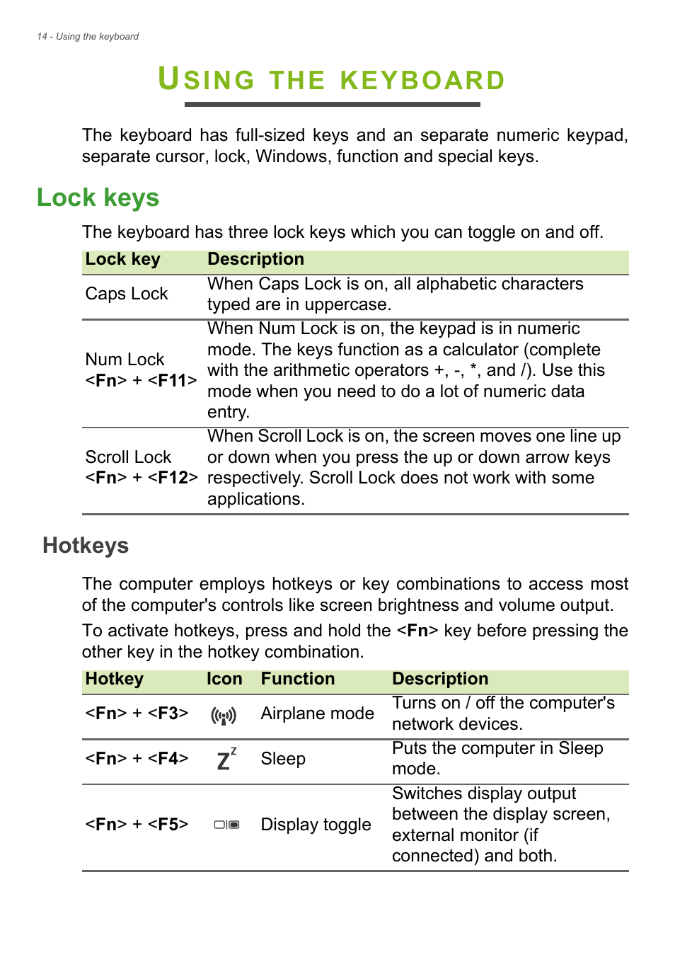 Using the keyboard, Lock keys, Hotkeys | Sing, Keyboard | Acer Aspire V5-572 User Manual | Page 14 / 87