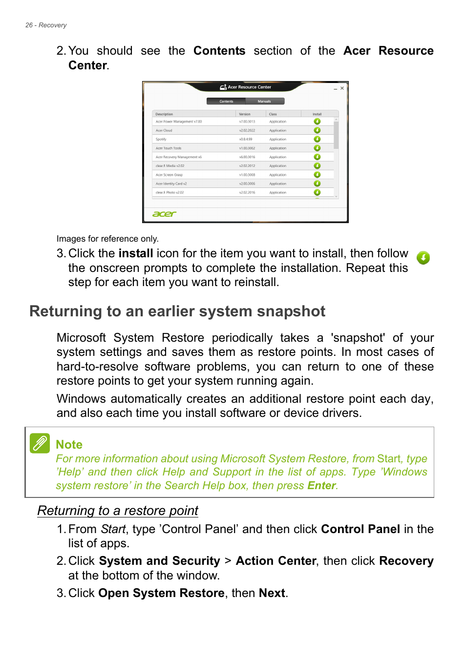 Returning to an earlier system snapshot, See returning to an earlier system snapshot on, Returning to a restore point | Acer Aspire V5-572 User Manual | Page 26 / 87