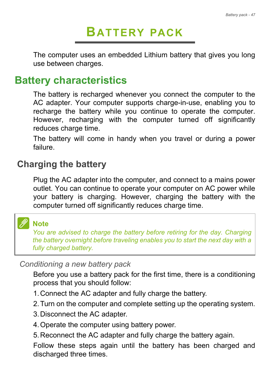 Battery pack, Battery characteristics, Charging the battery | Attery, Pack | Acer Aspire V5-572 User Manual | Page 47 / 87