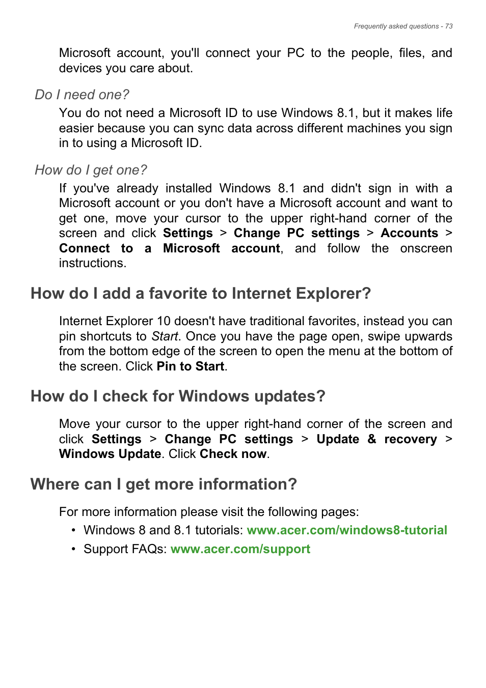 How do i add a favorite to internet explorer, How do i check for windows updates, Where can i get more information | How do i add a favorite to internet | Acer Aspire V5-572 User Manual | Page 73 / 87