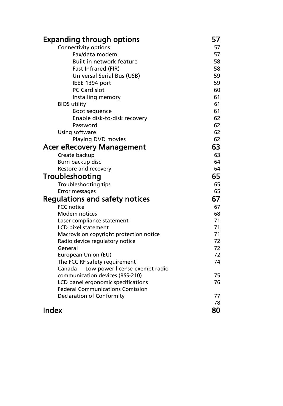 Expanding through options 57, Acer erecovery management 63, Troubleshooting 65 | Regulations and safety notices 67, Index 80 | Acer TravelMate 4320 User Manual | Page 19 / 101