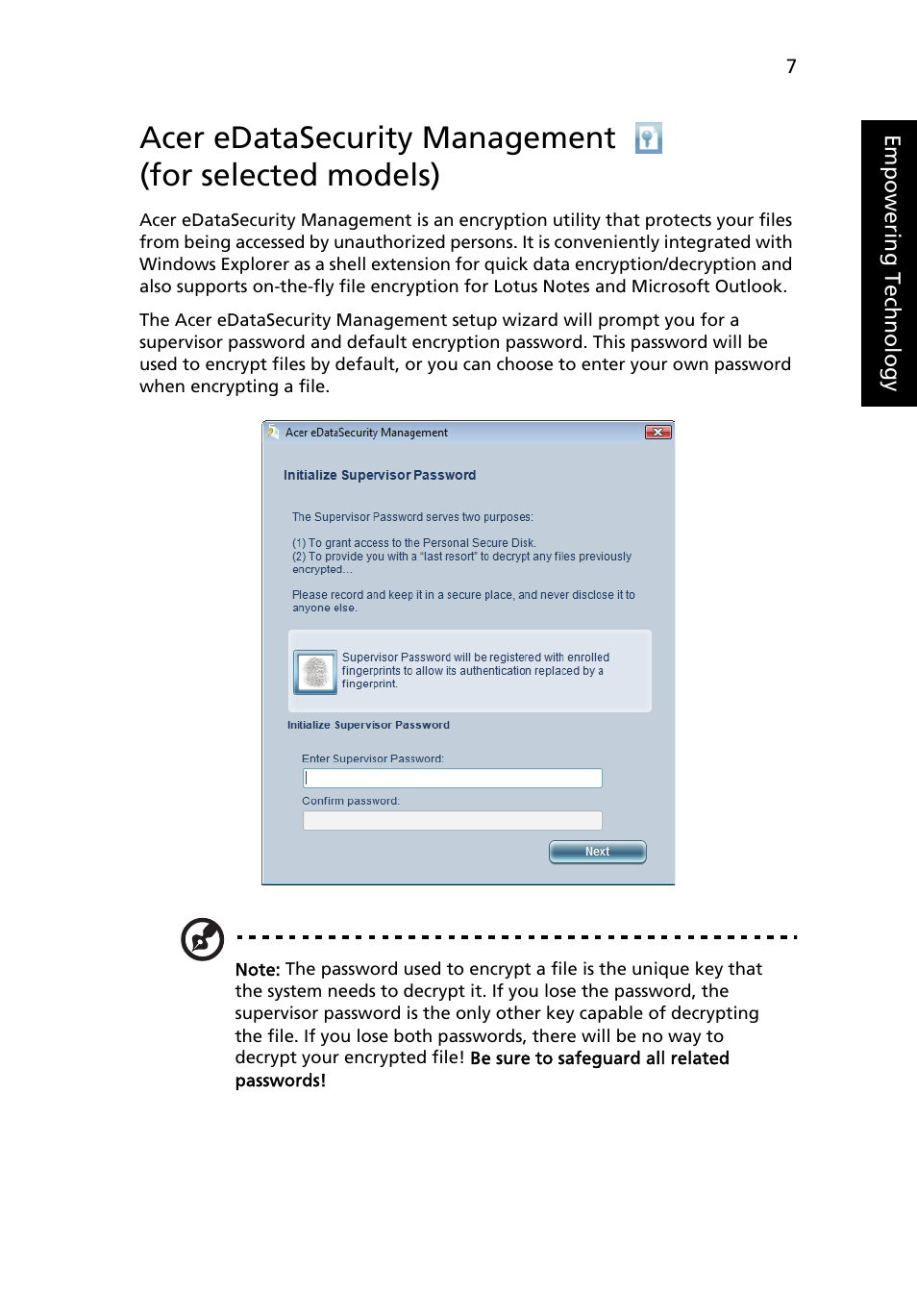 Acer edatasecurity management, For selected models) | Acer TravelMate 4320 User Manual | Page 27 / 101