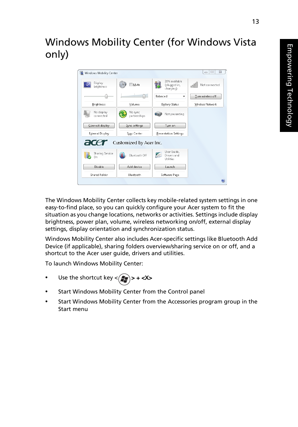 Windows mobility center, Windows mobility center (for windows vista only) | Acer TravelMate 4320 User Manual | Page 33 / 101