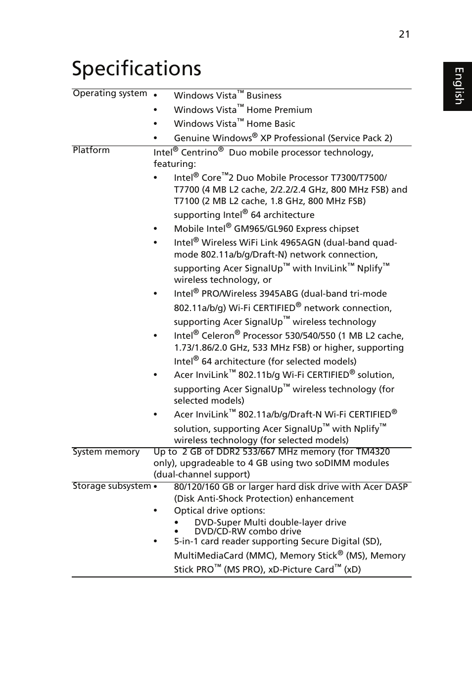 Specifications, Eng lis h | Acer TravelMate 4320 User Manual | Page 41 / 101