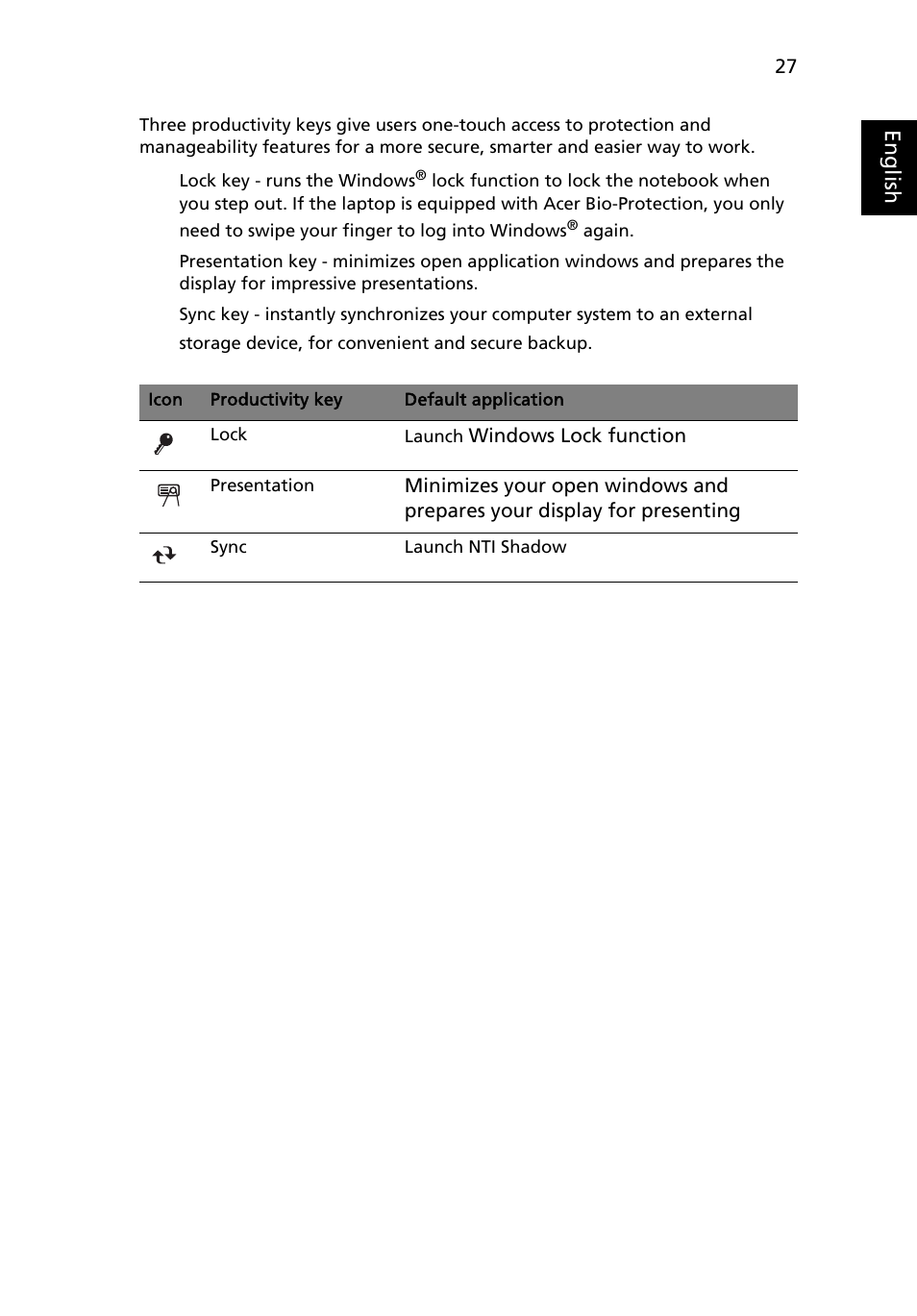 Productivity keys | Acer TravelMate 4320 User Manual | Page 47 / 101