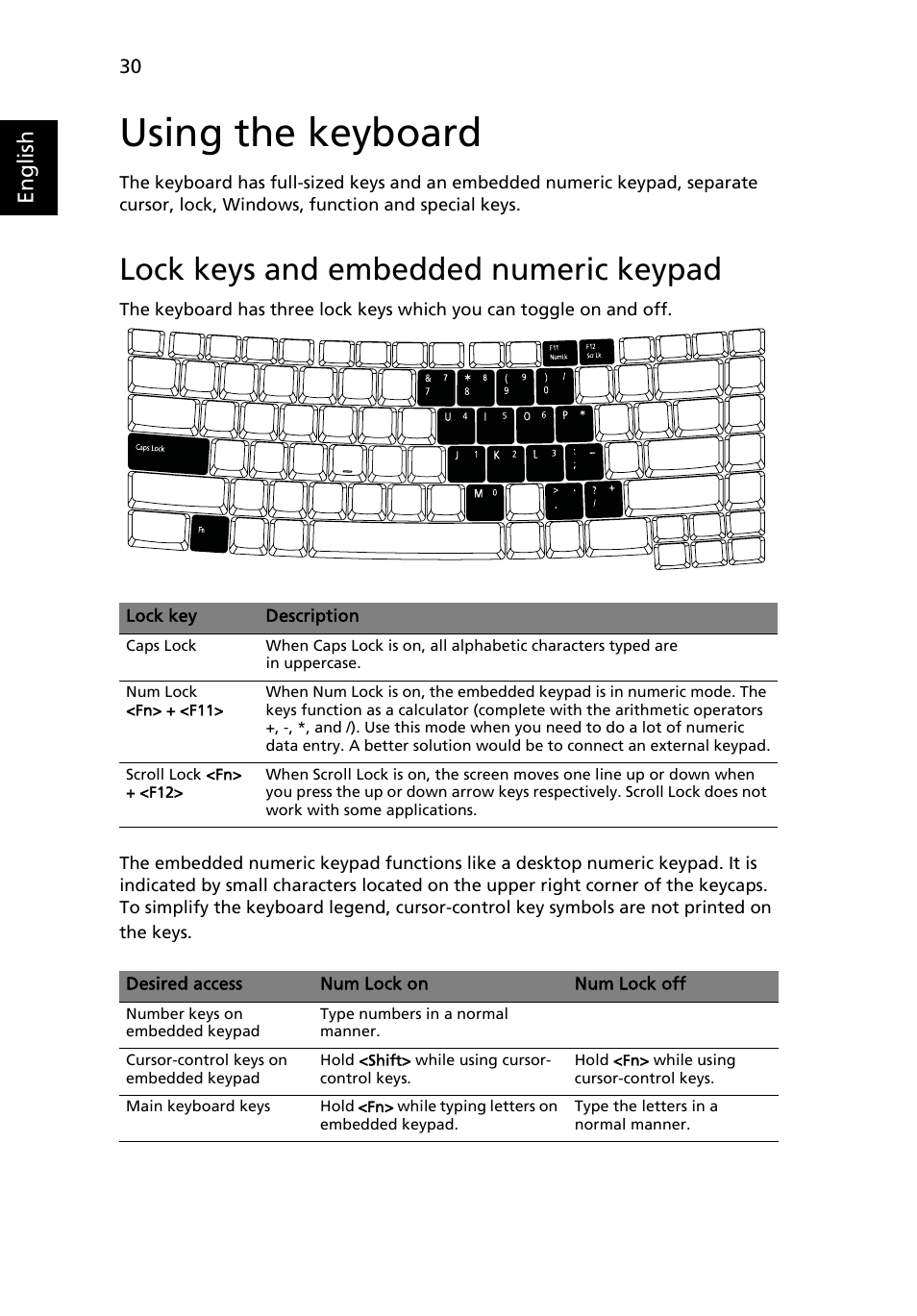 Using the keyboard, Lock keys and embedded numeric keypad, English | Acer TravelMate 4320 User Manual | Page 50 / 101