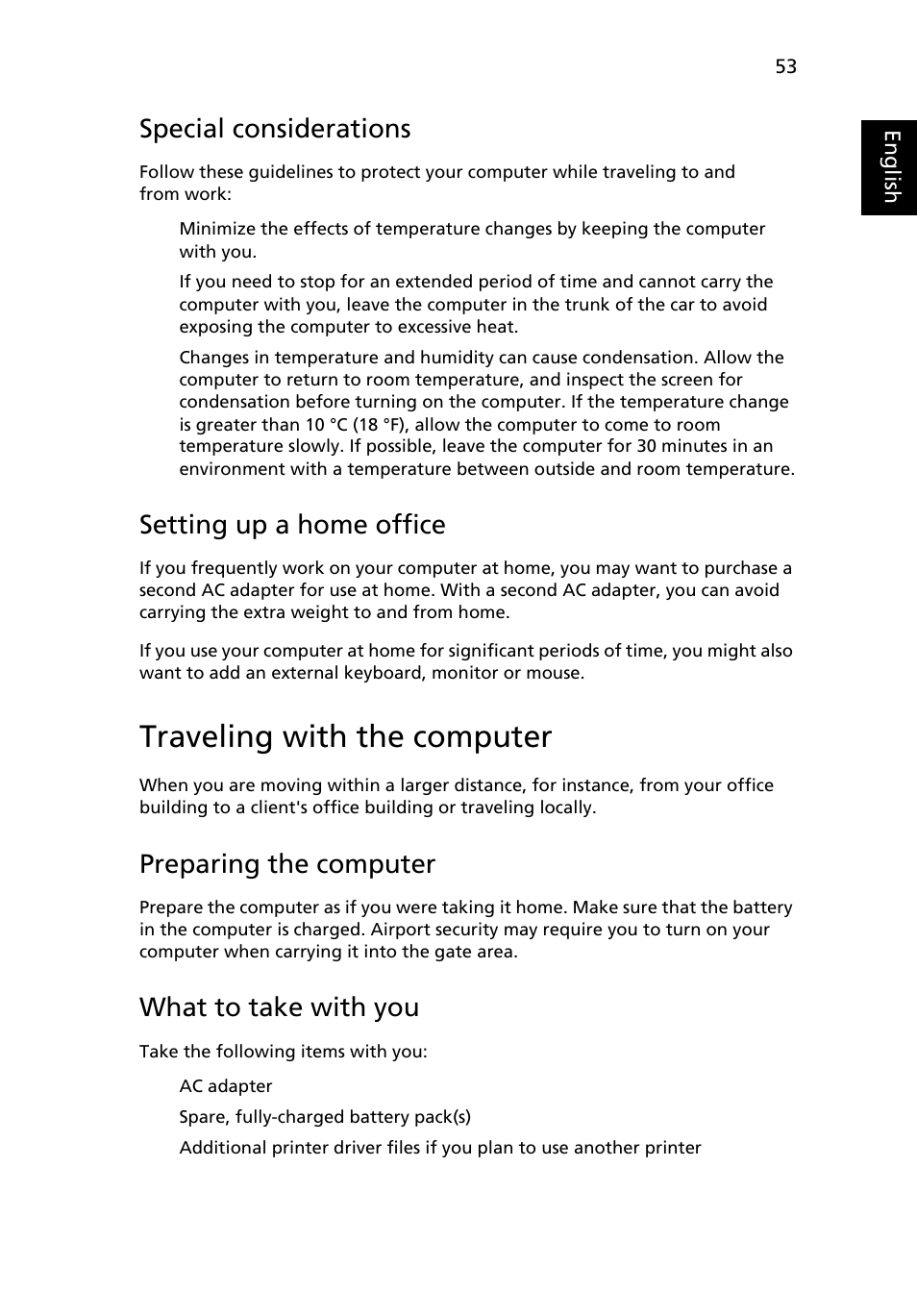 Traveling with the computer, Special considerations, Setting up a home office | Preparing the computer, What to take with you | Acer TravelMate 4320 User Manual | Page 73 / 101