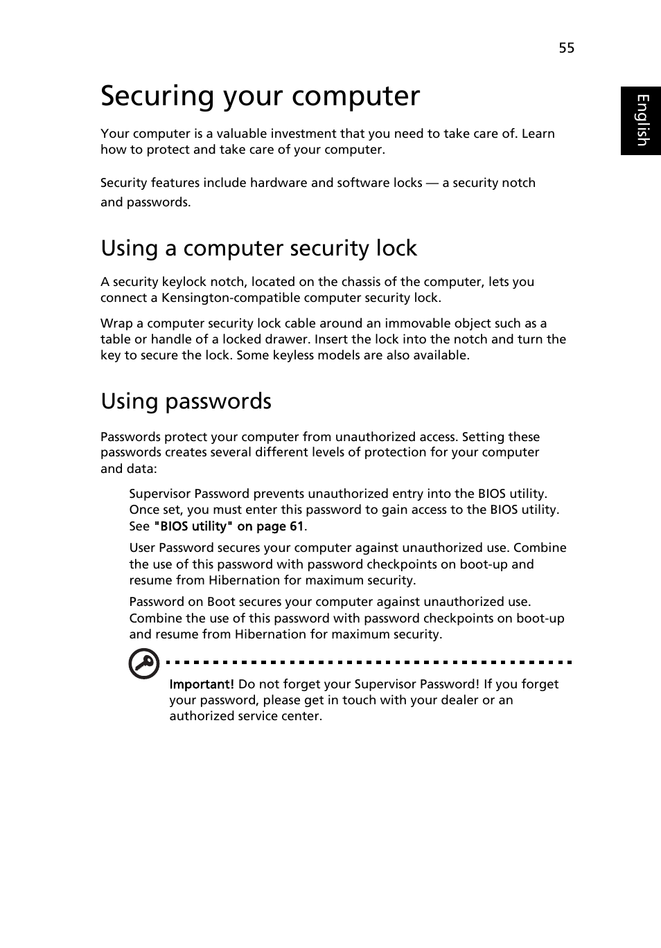 Securing your computer, Using a computer security lock, Using passwords | Acer TravelMate 4320 User Manual | Page 75 / 101