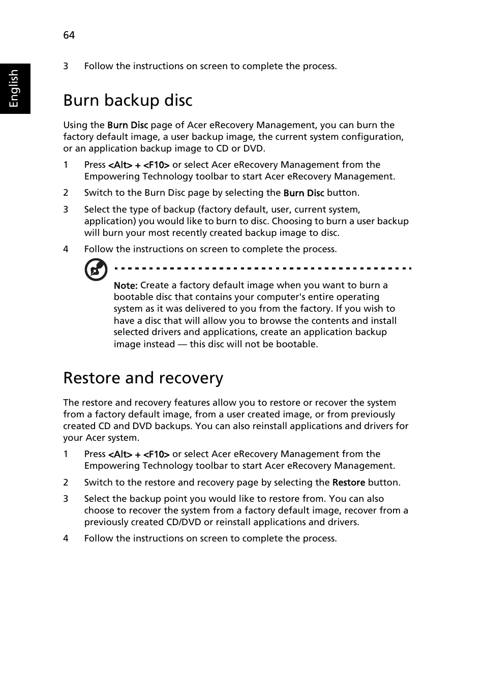 Burn backup disc, Restore and recovery | Acer TravelMate 4320 User Manual | Page 84 / 101