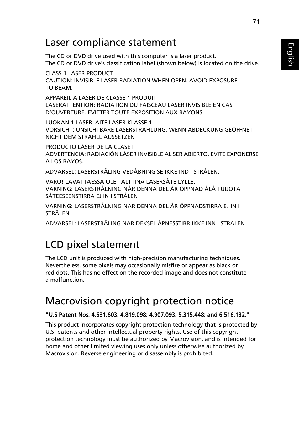 Laser compliance statement, Lcd pixel statement, Macrovision copyright protection notice | Acer TravelMate 4320 User Manual | Page 91 / 101