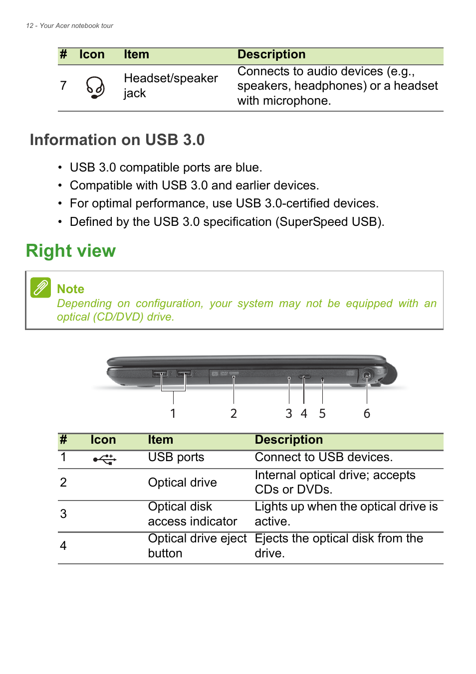 Information on usb 3.0, Right view | Acer Aspire E1-530 User Manual | Page 12 / 87