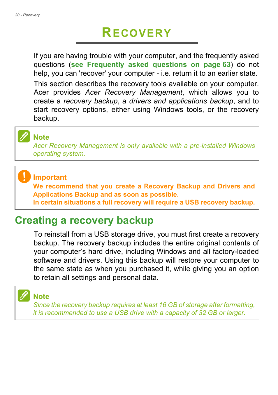 Recovery, Creating a recovery backup, Ecovery | Acer Aspire E1-530 User Manual | Page 20 / 87