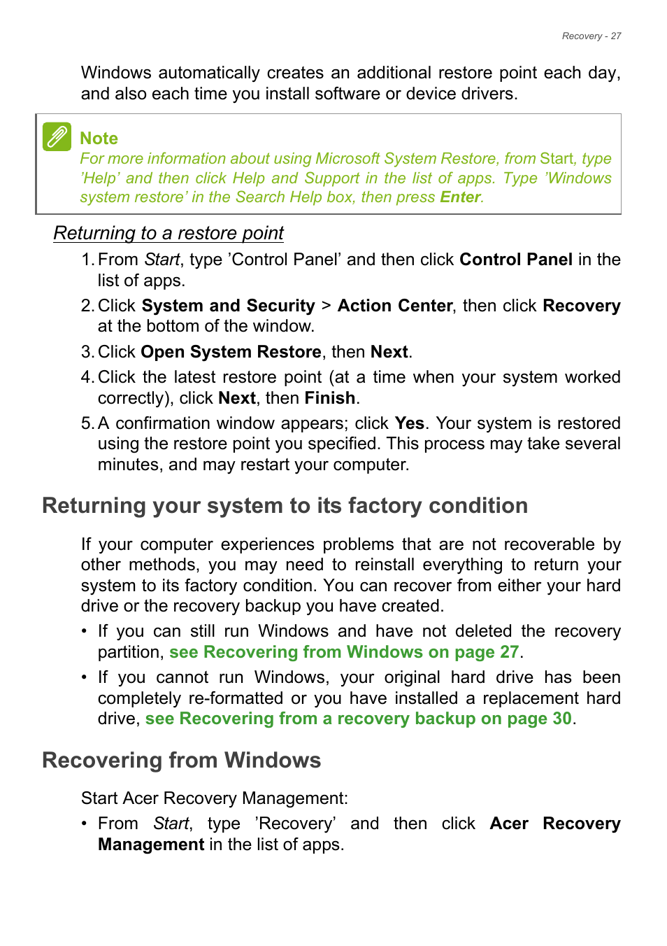 Returning your system to its factory condition, Recovering from windows, See returning your | See returning your system to its | Acer Aspire E1-530 User Manual | Page 27 / 87