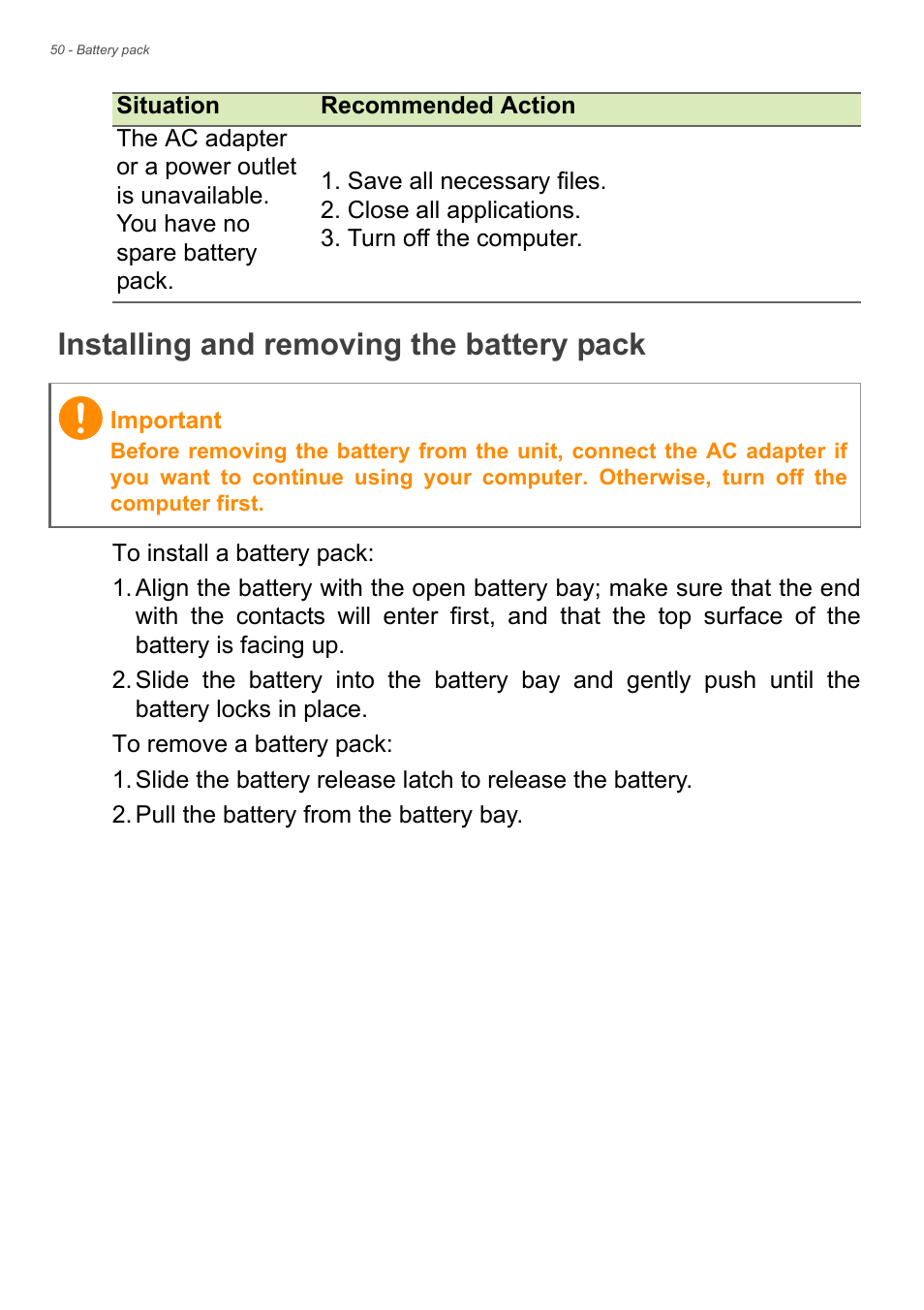 Installing and removing the battery pack | Acer Aspire E1-530 User Manual | Page 50 / 87