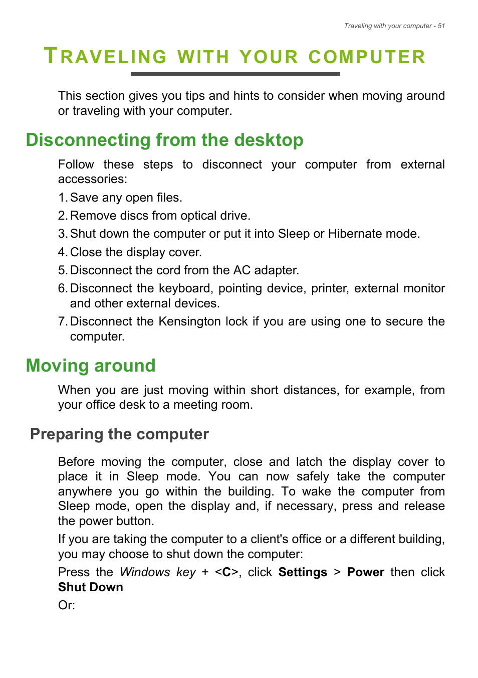 Traveling with your computer, Disconnecting from the desktop, Moving around | Preparing the computer, Disconnecting from the desktop moving around, Raveling, With, Your, Computer | Acer Aspire E1-530 User Manual | Page 51 / 87